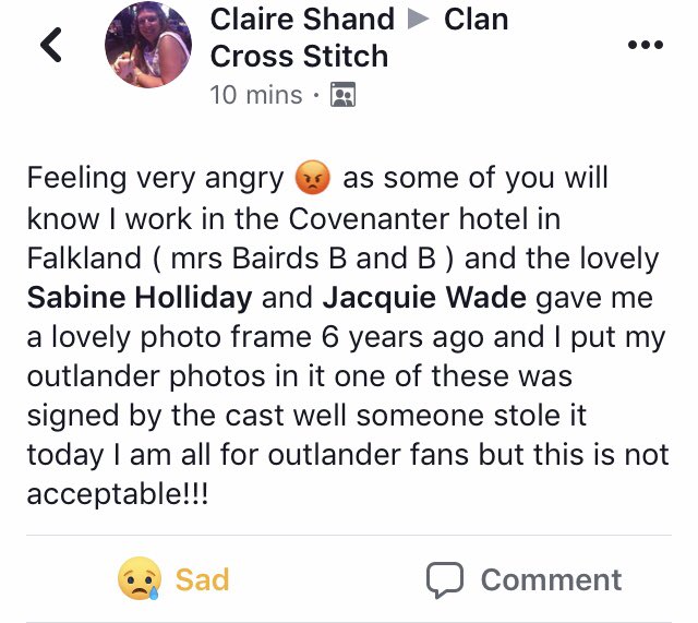.<a href="/Writer_DG/">Diana Gabaldon</a> <a href="/SamHeughan/">Sam Heughan</a> <a href="/caitrionambalfe/">Caitríona Balfe</a> This is the lady who runs the B&amp;B used in Outlander
She loves Outlander, and Outlander fans love the B&amp;B. How many of us have posed for photographs by that iconic window?
Please share. Maybe we can shame the thief into returning the items.