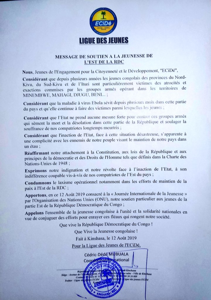 JeunesseECiDe's tweet photo. Les Jeunes de l' @ECiDeRDC apportent, en ce 12/08/2019 consacré à la Journée Internationale de la Jeunesse par l'ONU, leur soutien particulier aux jeunes de la partie Est de la RDC, victimes des atrocités et exactions commises par les groupes armés et de la maladie à virus Ebola. https://t.co/G9sna6ChAF