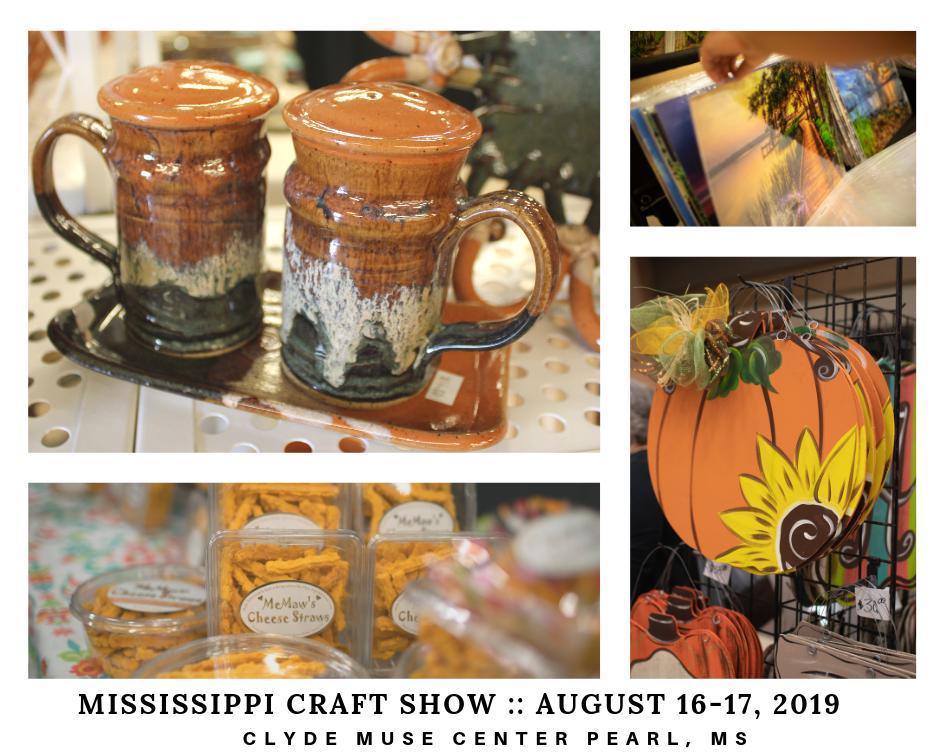 The 8th annual Mississippi Craft Show will be held on FRIDAY 16th and SATURDAY 17th of August. At the Clyde Muse Center, Pearl.
--- More information, plus map and detailed directions here: mscraftshow.com/getting-there/
