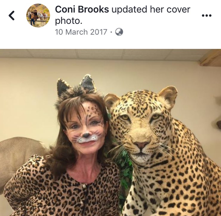 XposeTrophyHunt's tweet photo. Coni killed one leopard but wasn’t happy with the taxidermy, so she went back to kill this one. As for that costume, she hasn’t got even the smallest hint of grace &amp; beauty as a live leopard, &amp; is just a parody of the real thing. 😒
@rickygervais https://t.co/loTWLZlyMd