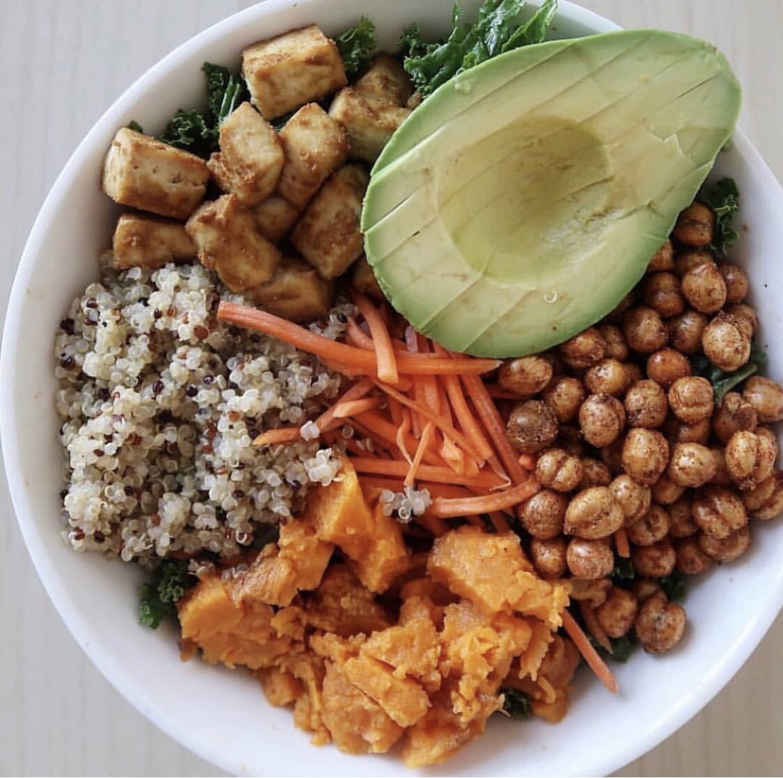 This is what I eat on the regular. Kale, crispy chickpeas, sweet potato, quinoa, carrots, tofu, and avo. #vegan #govegan #veganfood #food #crueltyfree #plantbased
