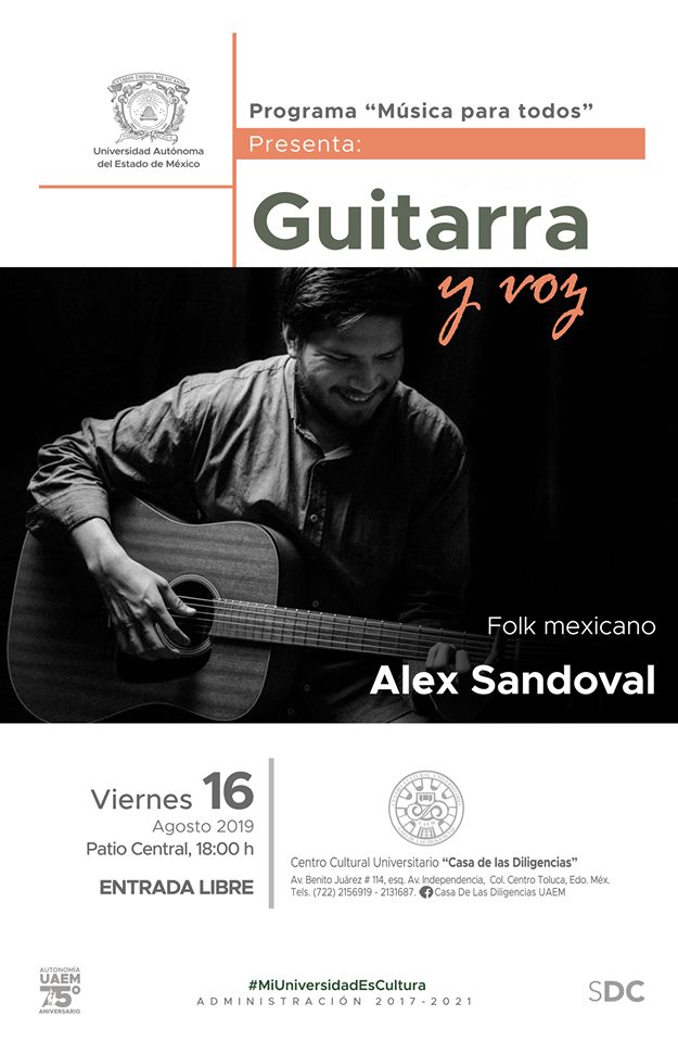 DiligenciasUAEM's tweet photo. Este viernes 16 de agosto, no se pierdan el #concierto de #guitarra 🎸y #voz 🎤 de #AlexSandoval en @DiligenciasUAEM
¡Los esperamos!🎧🎼
#Folk #FolkMexicano https://t.co/kMkhDNDfJS