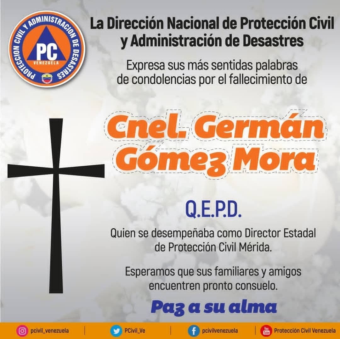 improRIESGOS's tweet photo. Nuestras condolencias a familiares, amigos y compañeros Q.E.P.D. Germán Gómez Mora Director de #PCMerida #ProteccionCivil
@AlcSucreMDA https://t.co/qTe6GkV5wG