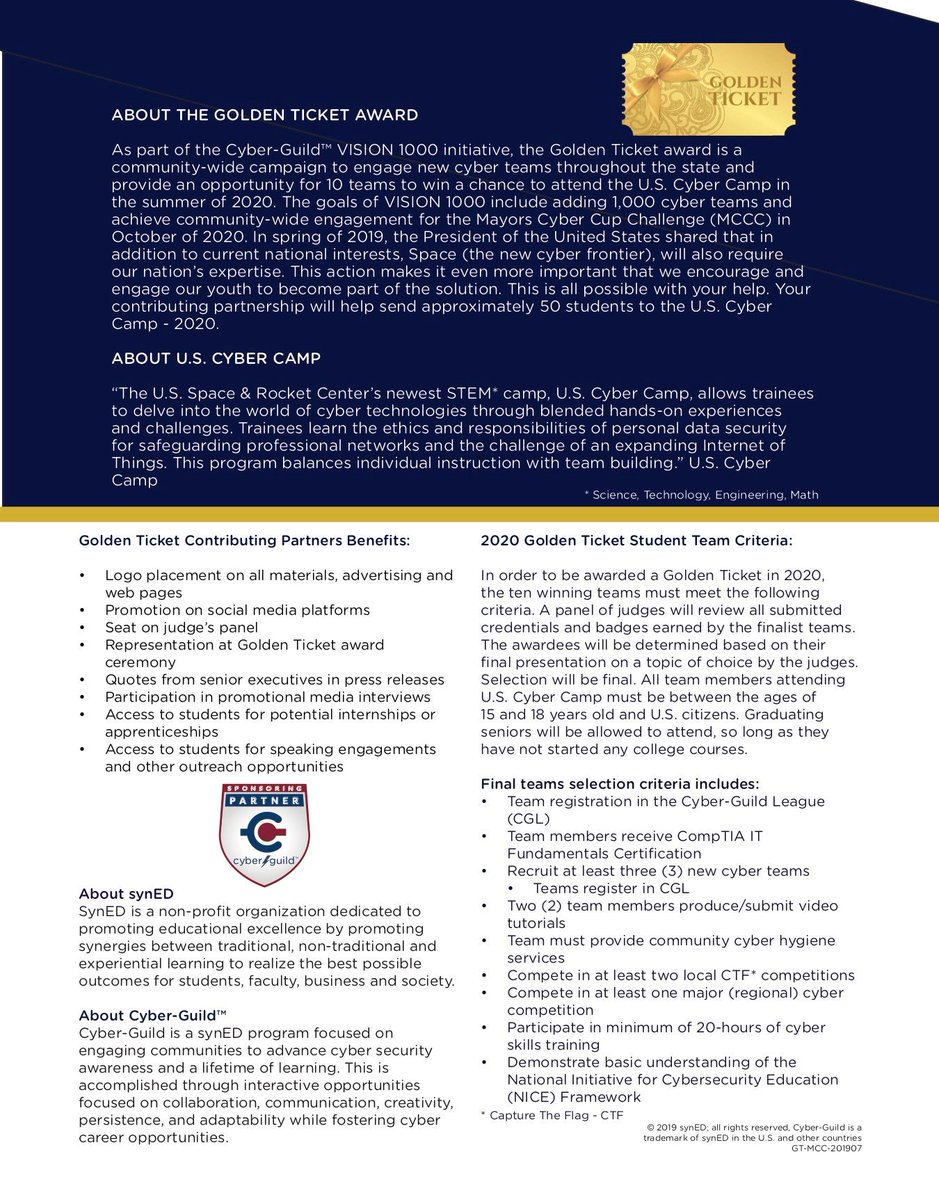 Cyber-Guild, a pillar program of synED, announces Golden Ticket Competition for high school students to attend all-expense paid trip to the NASA U.S. Cyber Camp in August of 2020. Learn how your organization can become a Golden Ticket Contributing Partner: cyber-guild.org/goldenticket