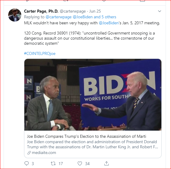 Again talking about Joe Biden & January 5, 2017 meeting with James Comey, Barack Obama, Sally Yates & Susan Rice. Says "uncontrolled Government snooping is a dangerous assault on our constitutional liberties". Calls Biden  #COINTELPROjoe. Was Joe Biden in charge of The Hammer?