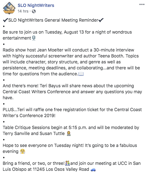 SLONightWriter's tweet image. The August general meeting will be this Tuesday the 13th at 6:00pm. Details are included in pictures below. Hope to see you all there! You don't want to miss this meeting! #slonightwriters #CCWC #tuesday #keepwriting #generalmeeting #SLO #SLOwriters