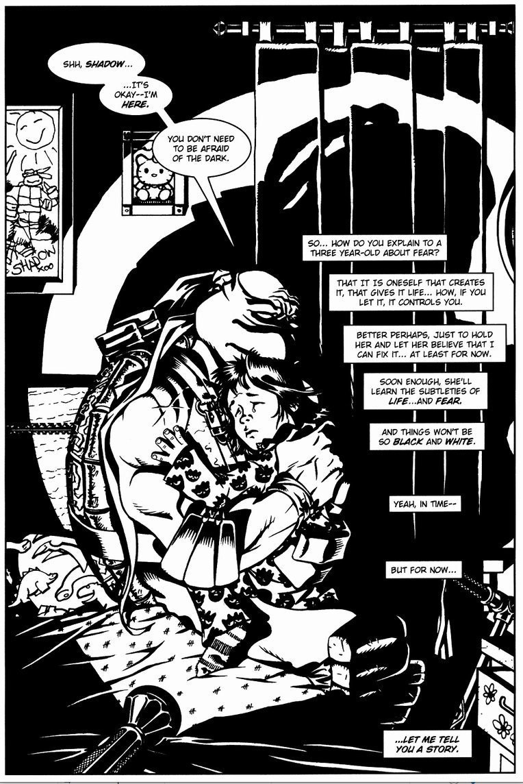 Michael Dooney, who also did some covers for the SNES video games! First part of Leonardo: Blind Sight, a mini series Jim Lawson does mostly in white silhouettes about Leo coping with blindness. It's gorgeous but has a weird ending. Might blog someday. Meanwhile aww, Shadow!