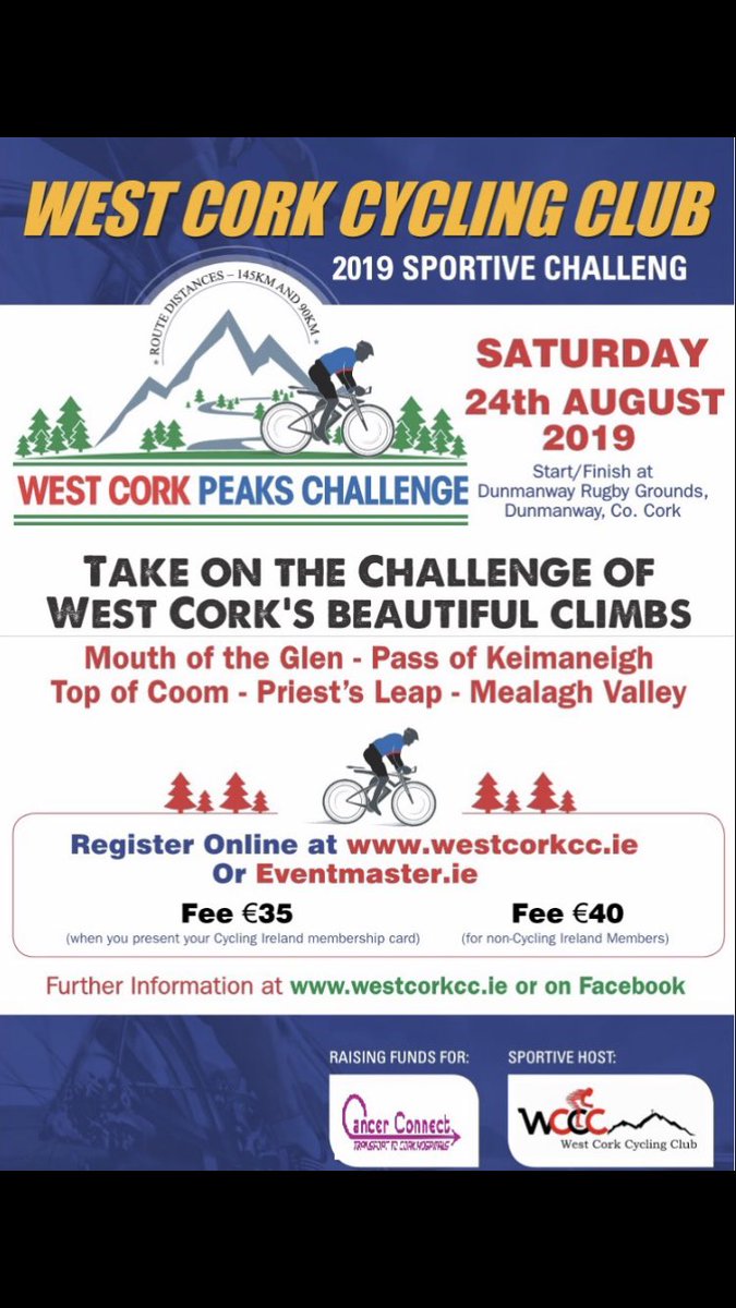 Just over 2 weeks to our sportive. Register now eventmaster.ie/event/ndPhplH0v
Please RT 
@sticky_bottle @CorkCyclist @IreCyclingFed @SafeCyclingEire @visitwestcork @CorkSports @wildatlanticway @wild_ac