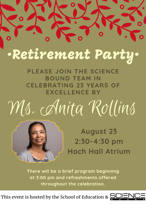 ISUSOE's tweet photo. Join us on the 23rd for a retirement party to celebrate Anita Rollins and her 23 years of service to the #ScienceBound program at @IowaStateU. A program will begin at 3 but stop by before for some refreshments and to wish Anita well! https://t.co/tkvc3QhNjZ