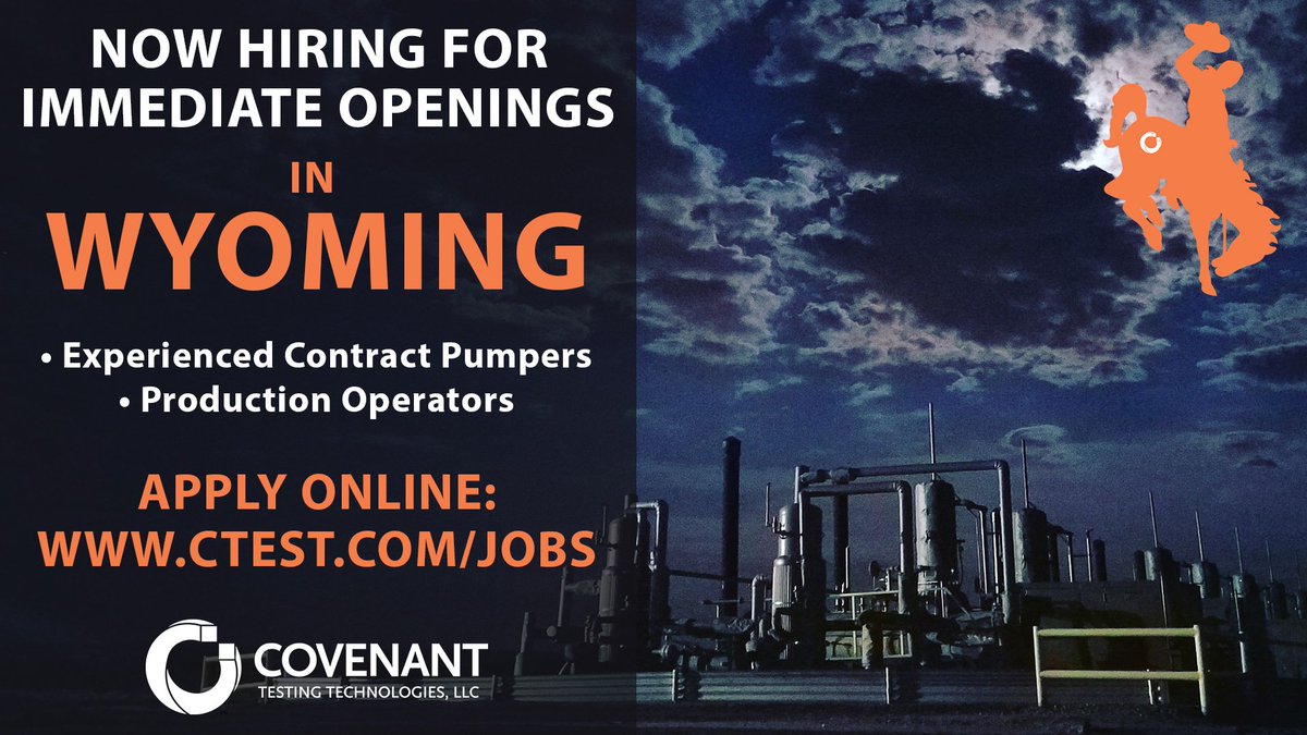 CovenantTesting's tweet photo. We have immediate openings in WYOMING (Wamsutter, Casper/Douglas &amp; Gillette) for experienced Contract Pumpers &amp; Production Operators. We offer competitive pay, excellent benefits, a people-first culture &amp; more. Apply here: https://t.co/mvtuks1f1K #oilfieldjobs #workinWyoming https://t.co/9afLi0TycG