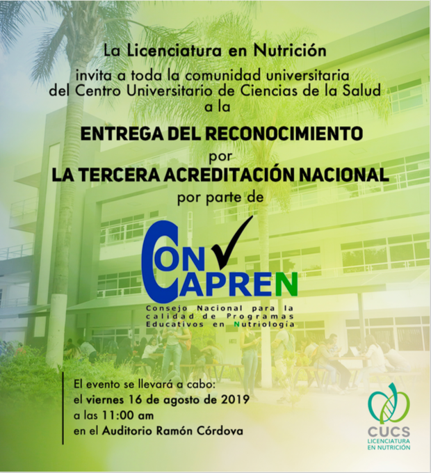 OficialCUCS's tweet photo. La licenciatura de #NutriciónCUCS 🥦🍎🐟, invita a la entrega de reconocimiento por la ''TERCERA ACREDITACIÓN NACIONAL'' por parte del Consejo Nacional para la calidad de Programas Educativos en Nutriología #CONAPREN, este viernes 16 de agosto a las 11:00hrs en #CUCS👈 https://t.co/psj37Qel9Z