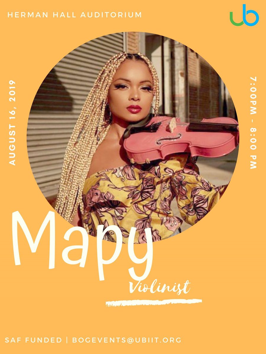 iitunionboard's tweet photo. Mapy, also known as the Violin Queen, has pursued her solo career as a Hip-Hop, Dancehall and Soca violinist. She will be performing on:

Date: August 16, 2019 
Time: 7:00-8:00pm 
Venue: Herman Hall Auditorium

Contact bogevents@ubiit.org for more details or questions. https://t.co/or4yER7rfs