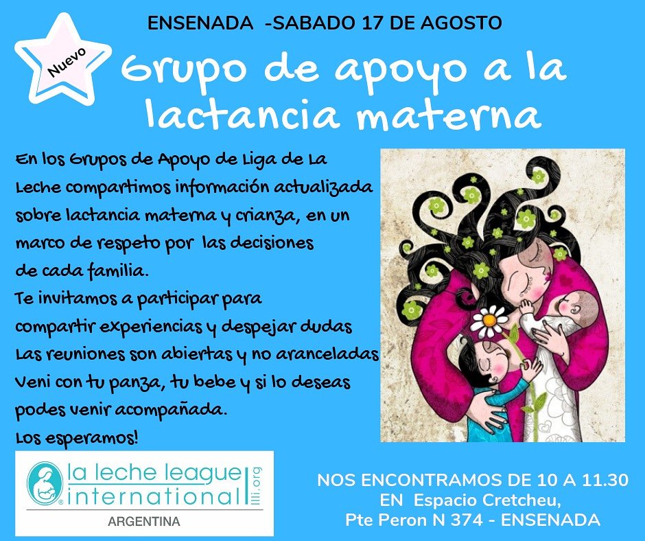 LactanciaLP's tweet photo. Nuevo grupo em #Ensenada. Apoyo a lactancia. Abierto y gratuito. ¿Venis? Te esperamos @LLL_Arg #lactanciamaterna https://t.co/3GDzk0RVyF