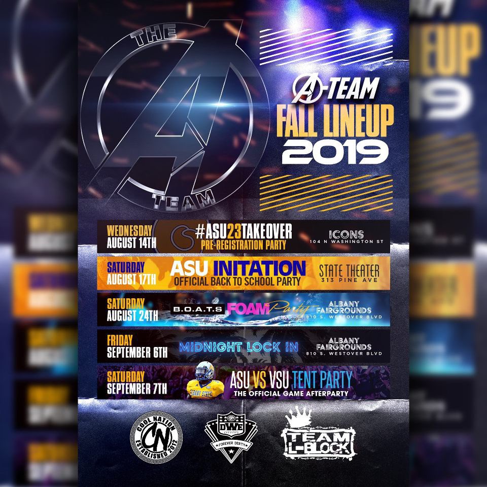 sugxrbun's tweet image. 🚨The A-Team List Presents 🚨
Aug14th - 
#ASU23TAKEOVER 🔥@ Icons
Aug17th - 
#ASUINITATION 🥴🥃 @ State
Aug24th - 
#BOATSFoamParty🔫 @ Fairgrounds
Sept6th - 
#MidnightLOCKIN 🤪 @ Fairgrounds 
Sept7th -#LEGENDARYTENTPARTY🎪 @ TBA

#ASUTwitter @LBlockASU