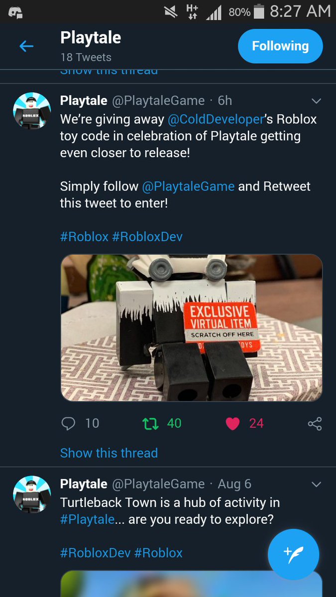 Playtale On Twitter We Re Giving Away Colddeveloper S Roblox Toy Code In Celebration Of Playtale Getting Even Closer To Release Simply Follow Playtalegame And Retweet This Tweet To Enter Roblox Robloxdev Https T Co A20itquznl - fame roblox update 5 code twitter