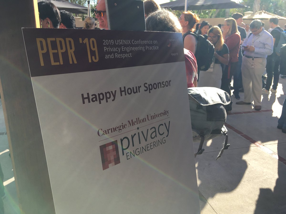 USENIXSecurity's tweet photo. It’s hoppin’ at the happy hour out on the patio! Bring your sunglasses. Thanks to @CyLab for sponsoring! #pepr19 #soups2019 #scainet19 #cset19 #woot19 https://t.co/RFeYqIlE2h