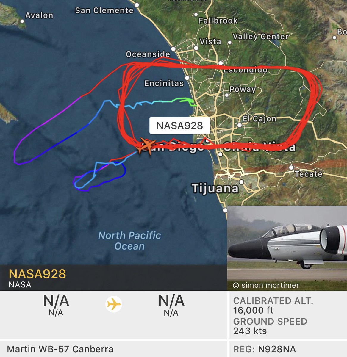 DarkSideSince77's tweet photo. Beautiful! Spotted NASA Martin WB-57F Canberra over San Diego. #NASA928 #N928NA #ACDD0F #NASA [8/12/2019]

https://t.co/fMPbhmtiVu https://t.co/h014vJ8BXb