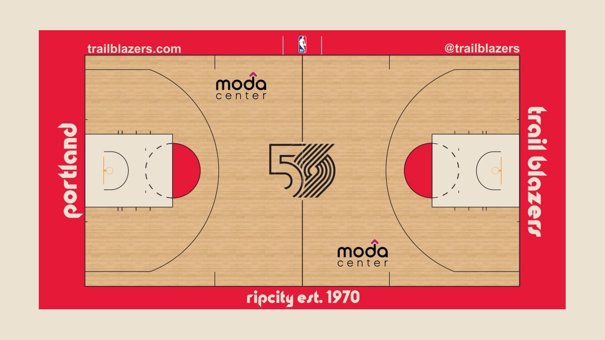 This court is a special tribute to five decades of <a href="/trailblazers/">Portland Trail Blazers</a> basketball. Although the retro design is meant to celebrate the entire franchise history, some familiar Coliseum court design elements were selected as a special nod to the early 90's era. Happy 50th, #ripcity.