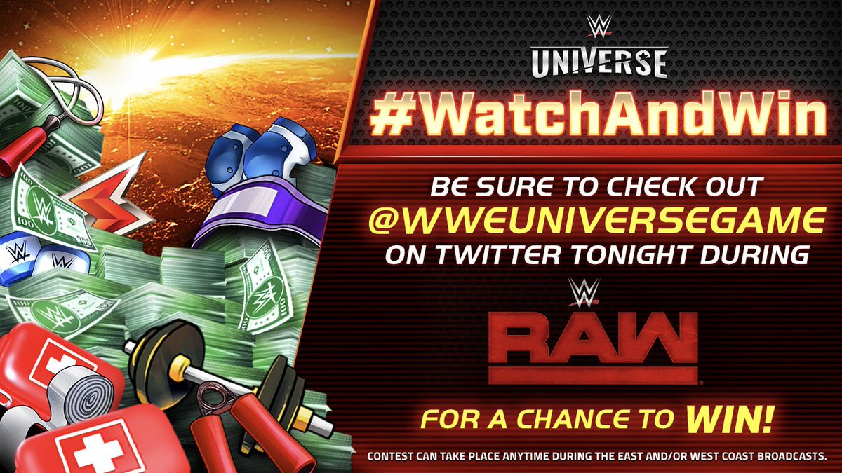 WWEUniverseGame's tweet photo. It's time to kickoff this week's #WatchAndWin!

50 lucky fans that RT and quote this tweet with their WWE Universe nickname and the hashtags #RAW and #WatchAndWin before 9:30 PM ET will win awesome in-game rewards! https://t.co/flJyTAsAj3
