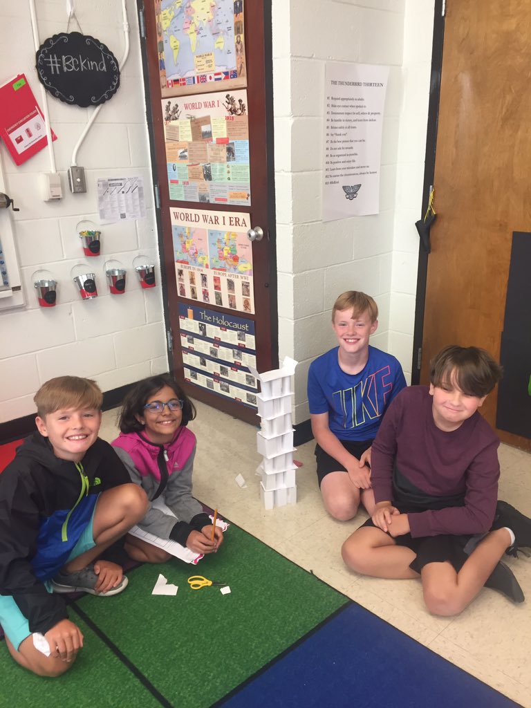 HFThunderbirds's tweet photo. Winning STEM groups! Challenged to build a tower of index cards that could hold a small stuffed animal for 10 seconds! #thunderthinkers #finally5th https://t.co/a7hNwT40bF