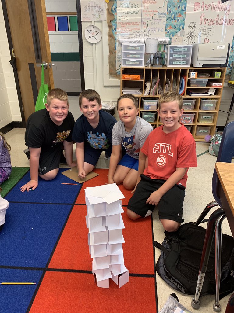 HFThunderbirds's tweet photo. Winning STEM groups! Challenged to build a tower of index cards that could hold a small stuffed animal for 10 seconds! #thunderthinkers #finally5th https://t.co/a7hNwT40bF