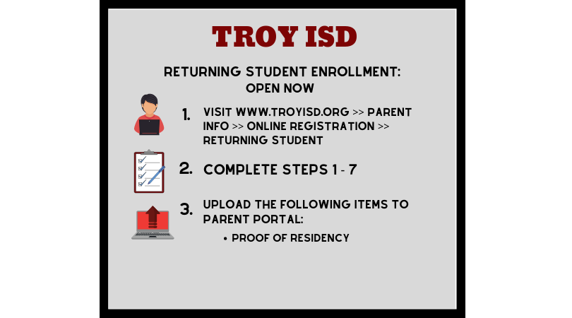 TroyISD's tweet photo. Returning Students: It's Time to Enroll Online - Parents of all returning students must complete the online registration process. Click to get started. https://t.co/XobgxzrdFT https://t.co/TkH1pr83HJ https://t.co/johMMsy8TA