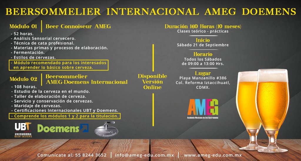 AMEG_SC's tweet photo. CDMX
Te invitamos a formarte como Beersommelier Profesional.
Estudia el mejor y único Diplomado en México, que otorga certificaciones internacionales Doemens y Unionbirrai Beer Taster.
https://t.co/U6JDz0RoWV
#OrgulloAMEG #Doemens #UBT https://t.co/EhXWIAorCZ