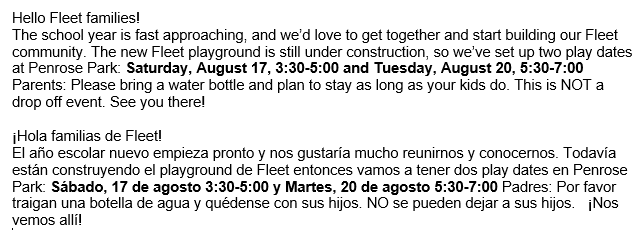 Mark Your Calendars &amp; Join Us for Fleet PTA Family Play Dates @ Penrose Playground &amp; Park: Sat. Aug. 17th 3:30-5 PM &amp; Tues. Aug. 20th 5:30-7 PM! #FleetES <a href="/Principal_Fleet/">Raymond Laporte</a> <a href="/fleet_ap/">Allie Weissberg</a> <a href="/APSFleetPTA/">APSFleetPTA</a> <a href="/APSVirginia/">Arlington Public Schools</a>