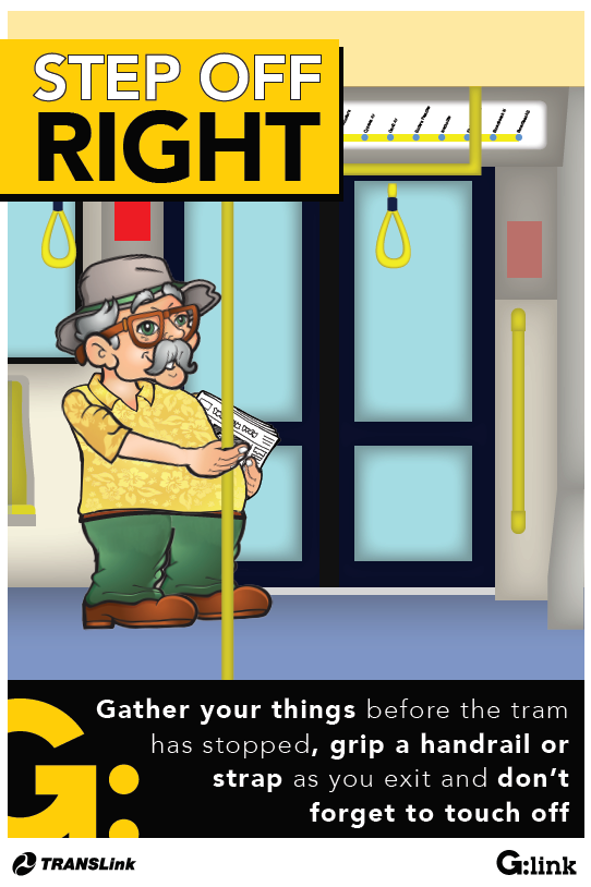 gclightrail's tweet photo. RAIL SAFETY WEEK | REMEMBER TO STEP OFF RIGHT: Gather your things before the tram has stopped. Wait until tram has stopped. Grip a handrail or strap as you exit #gclightrail #ridetheg #tramsafety @TrackSAFE https://t.co/kSG5ME9tyg