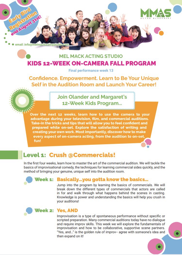 MelMackStudio's tweet photo. Email info@melmackactingstudio.com for information on our EARLY BIRD special for our fall 12 week on-camera kids/teens classes! 

#actors #kidactors #nycactors #childrentheatre #nycactingclass https://t.co/rmUO0rwj2c
