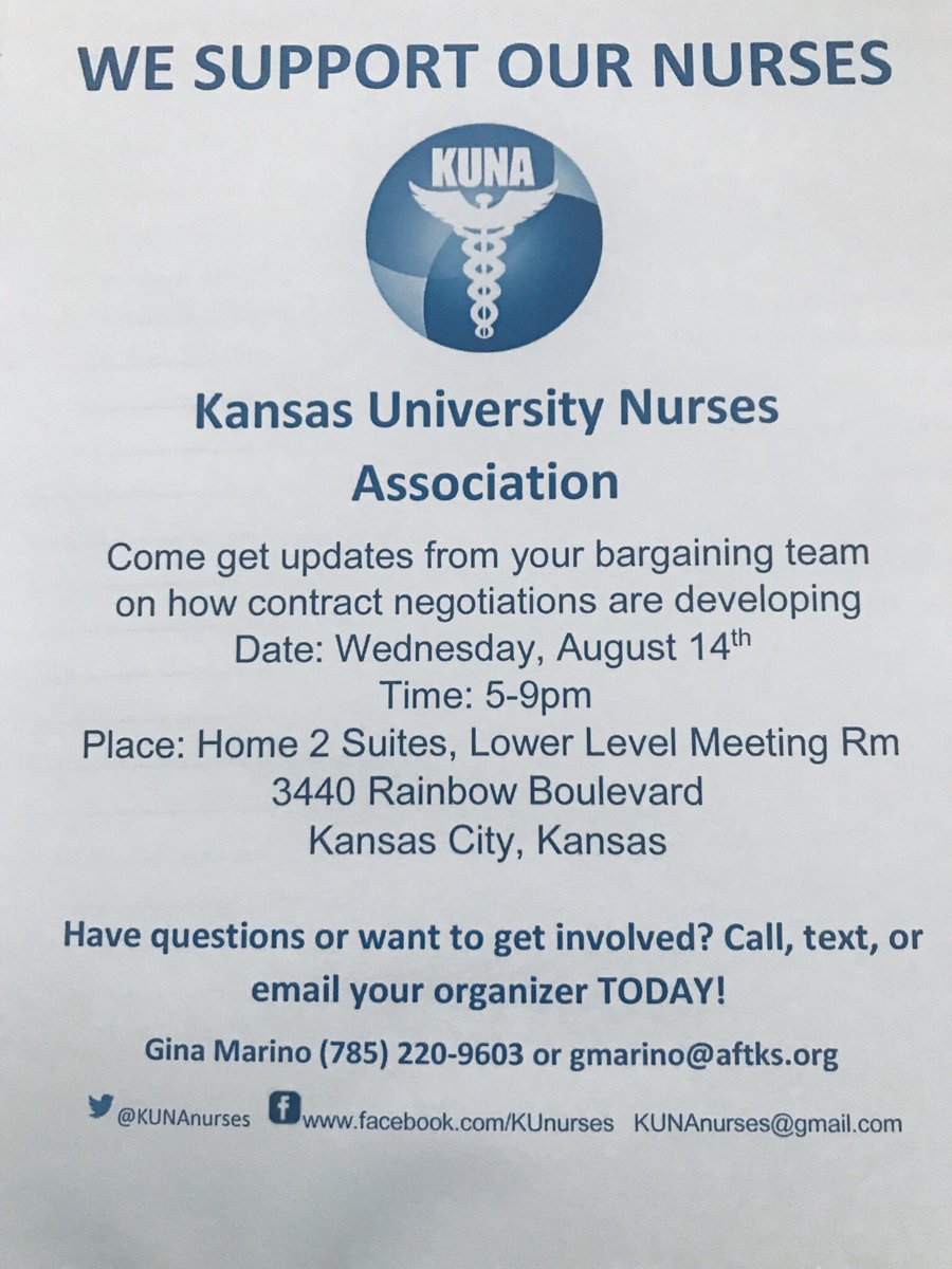 KUNAnurses's tweet photo. Contract negotiations meeting happening this week! Wednesday, August 14 from 5-9pm at Home2 Suites by the hospital. Everyone is welcome! We need your support ✊ https://t.co/TkPYhMXQvC