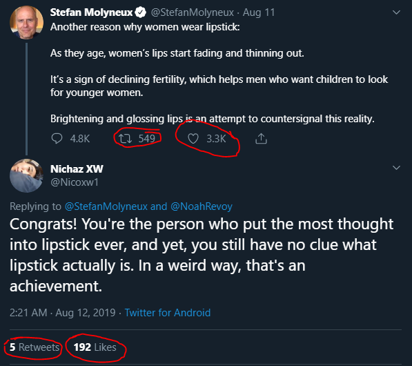 ds_dshadow's tweet photo. @Nicoxw1 @StefanMolyneux The tweet your replied to has about 15x the likes your reply got.  Going by your own rules, you might want to sit this one out, champ.

Oh, before you block this account as well: blocking people isn't an argument either https://t.co/UsdoRjZEPh