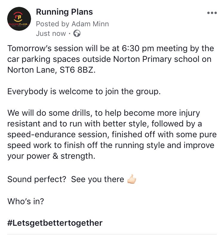 RunPlans's tweet image. Tomorrow’s speed-endurance group session in Stoke for anybody to join in. 

The session can be adjusted to individual ability and goals. 

All are welcome, who fancies it?
##Letsgetbettertogether