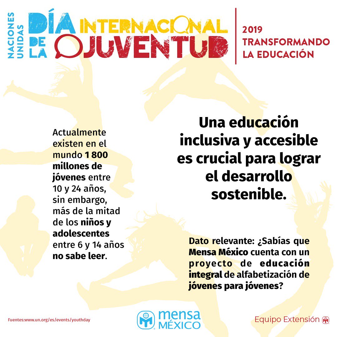 La Coordinación de Extensión de Mensa México, les recuerda que hoy es el Día Internacional de la Juventud.
✨🏫👦🏽👩🏽📚✨

DíaDeLaJuventud #TransformarLaEducación #ODS4 #MensaMéxico