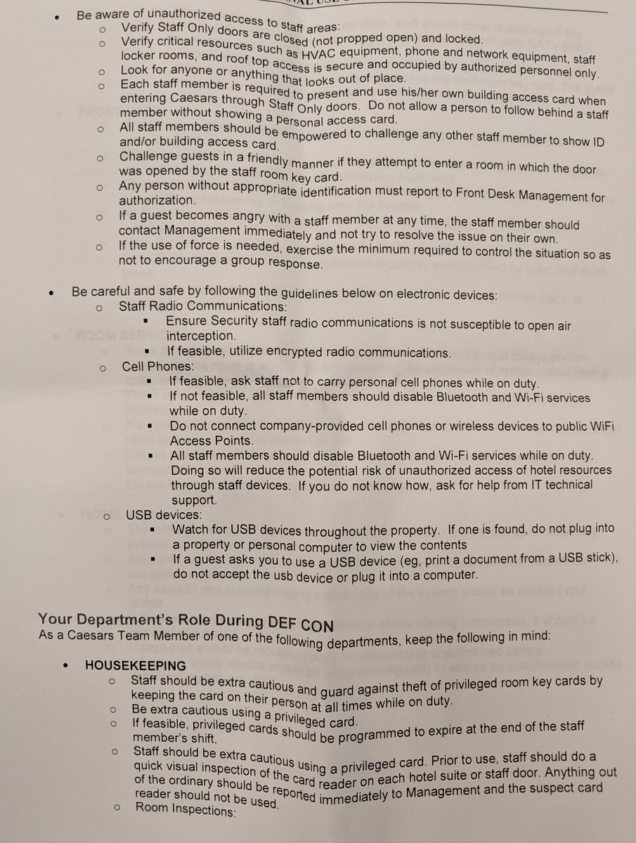 Snubs's tweet image. So uh, I found these papers just laying around and totally forgot about them til today. I&apos;m sharing because I think we should give them some updated graphics and maybe a few better pro tips? 🤣 Looks to be internal hotel docs.
#DEFCON27 #defcon #defcon2019