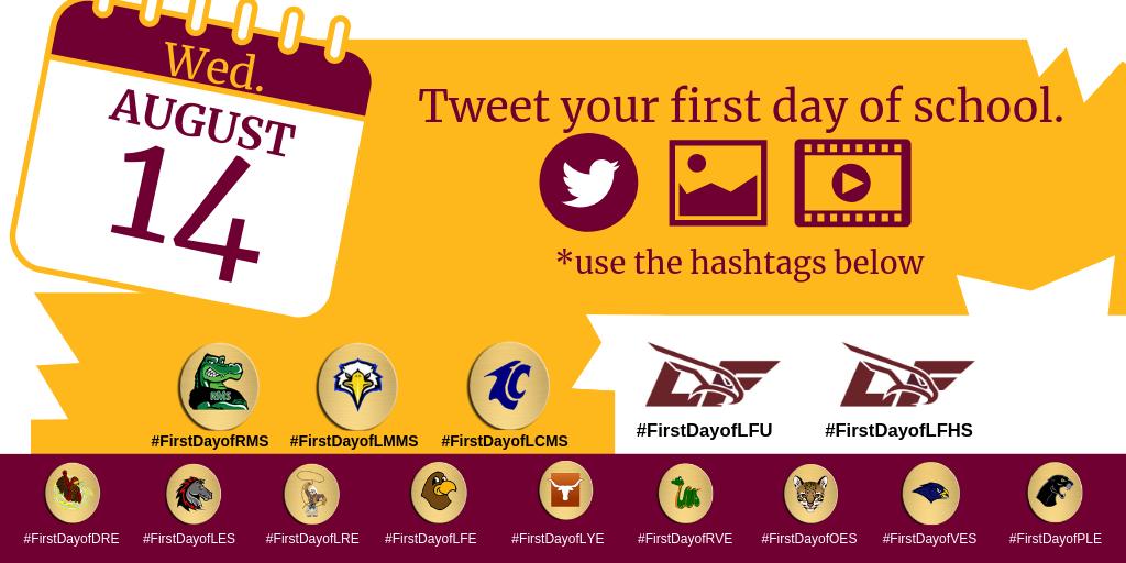 Dr. Fidelio (@dr_fidelio) on Twitter photo On August 14th - Tweet your first day of school!
π«ππ¨π»βπ«π©π»βπ«ππ«
"What We Do Here Shapes The π"
Be Theπ‘!
<a href="/LosFresnosCISD/">Los Fresnos CISD</a>
Look at the picture ππ» for your campus hashtag!
#Retweet away! On August 14th - Tweet your first day of school!
π«ππ¨π»βπ«π©π»βπ«ππ«
"What We Do Here Shapes The π"
Be Theπ‘!
<a href="/LosFresnosCISD/">Los Fresnos CISD</a>
Look at the picture ππ» for your campus hashtag!
#Retweet away!