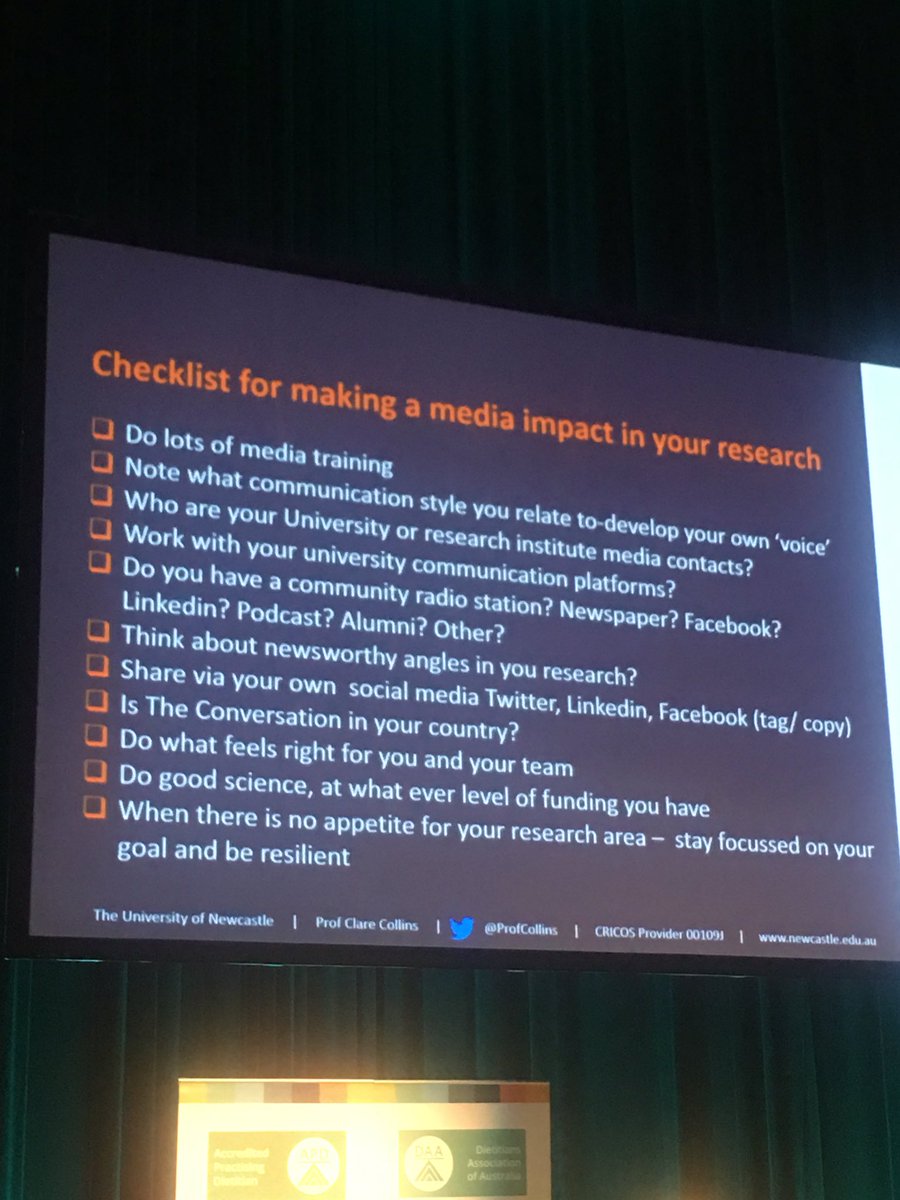 Excellent checklist by <a href="/ProfCCollins/">Laureate Prof Clare Collins AO</a> on using the media to communicate nutrition research. #DAA2019