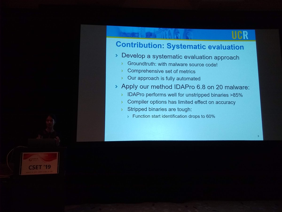 tastytronic's tweet photo. Sri Shaila G from (UC Riverside) presented "IDAPro for IoT Malware analysis?" showed the effectiveness of IDAPro for reverse-engineering IoT malware and discussed the effect of stripping on the accuracy of the RE. #cset19 #usesec19 @USENIXSecurity https://t.co/hsgF3HZzpk