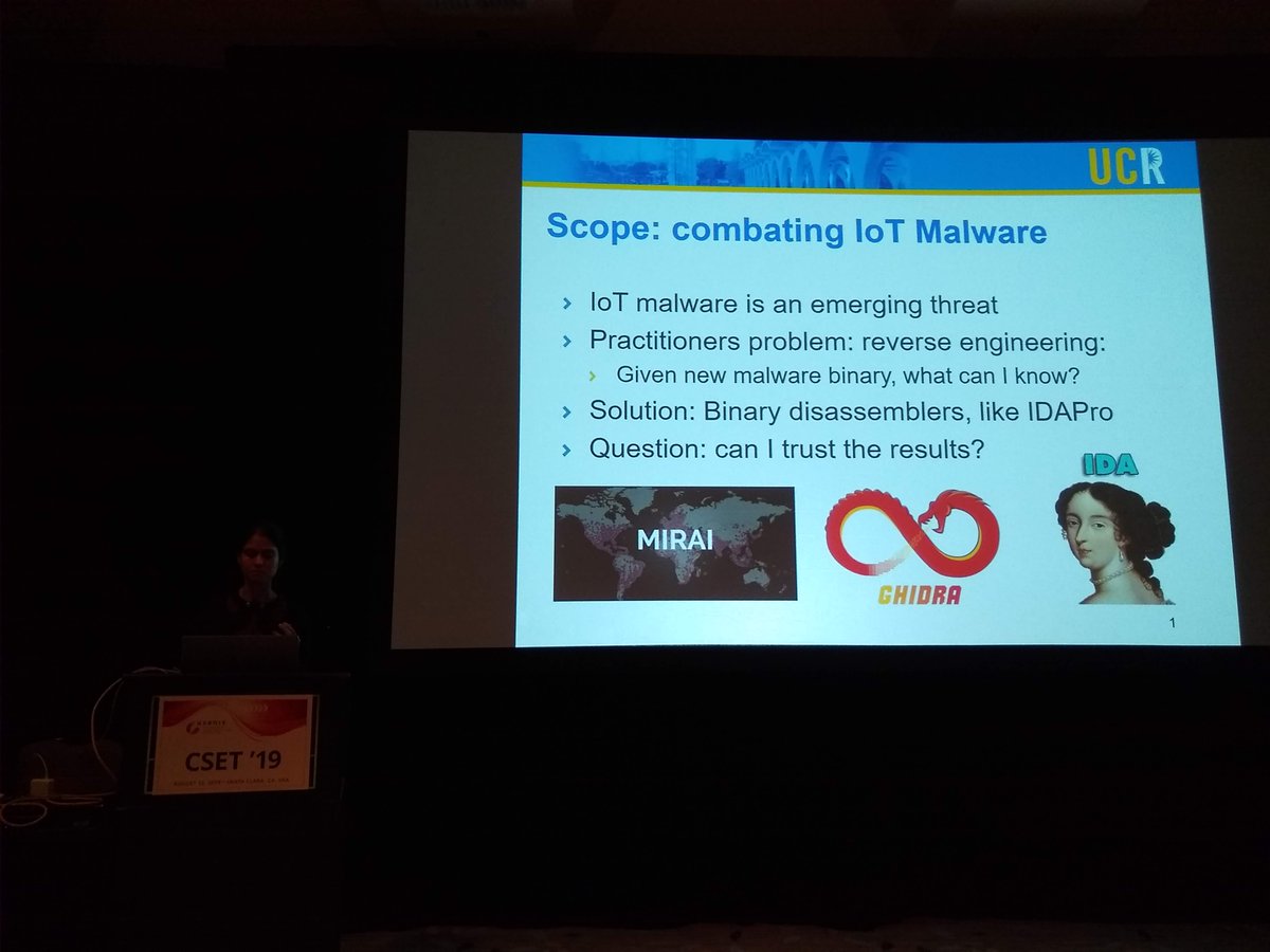 tastytronic's tweet photo. Sri Shaila G from (UC Riverside) presented "IDAPro for IoT Malware analysis?" showed the effectiveness of IDAPro for reverse-engineering IoT malware and discussed the effect of stripping on the accuracy of the RE. #cset19 #usesec19 @USENIXSecurity https://t.co/hsgF3HZzpk