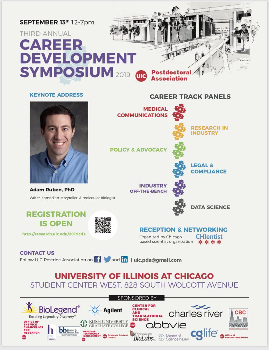 UICPostdoc's tweet photo. Registration is OPEN for the UIC PDA 3rd Annual Career Development Symposium https://t.co/r3Ruz92egN @thisisUIC @UICnews @UIC_OVCR @PsychiatryUic @UICPhysiology @UIC_CCTS @UICPharm @UIC_CBS @uichpa @OSAadvisor @RushGradCollege #careerdevelopment #CDS2019 https://t.co/MejGihpTJ0