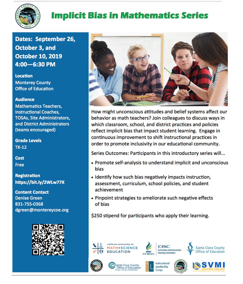 carlottamg's tweet photo. Free opportunity for educators in the Monterey County, California area to participate in a professional learning series! Topic: Implicit Bias in Mathematics
Please share widely #ilceducators @denisebgreen https://t.co/GpEXNsOrsm