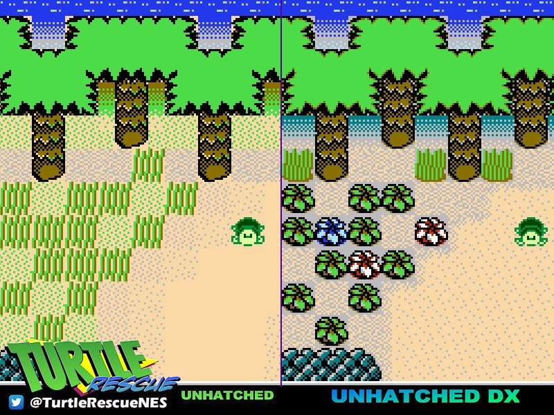 TurtleRescueNES's tweet photo. While mostly the same as its #ByteOff19 demo, a lot of effort was put into making the #UnhatchedDX edition of #TurtleRescueNES more colorful. More "DX" news to come! #NESMaker #PixelArt #NESDev #Homebrew https://t.co/cAC2AP0y1q