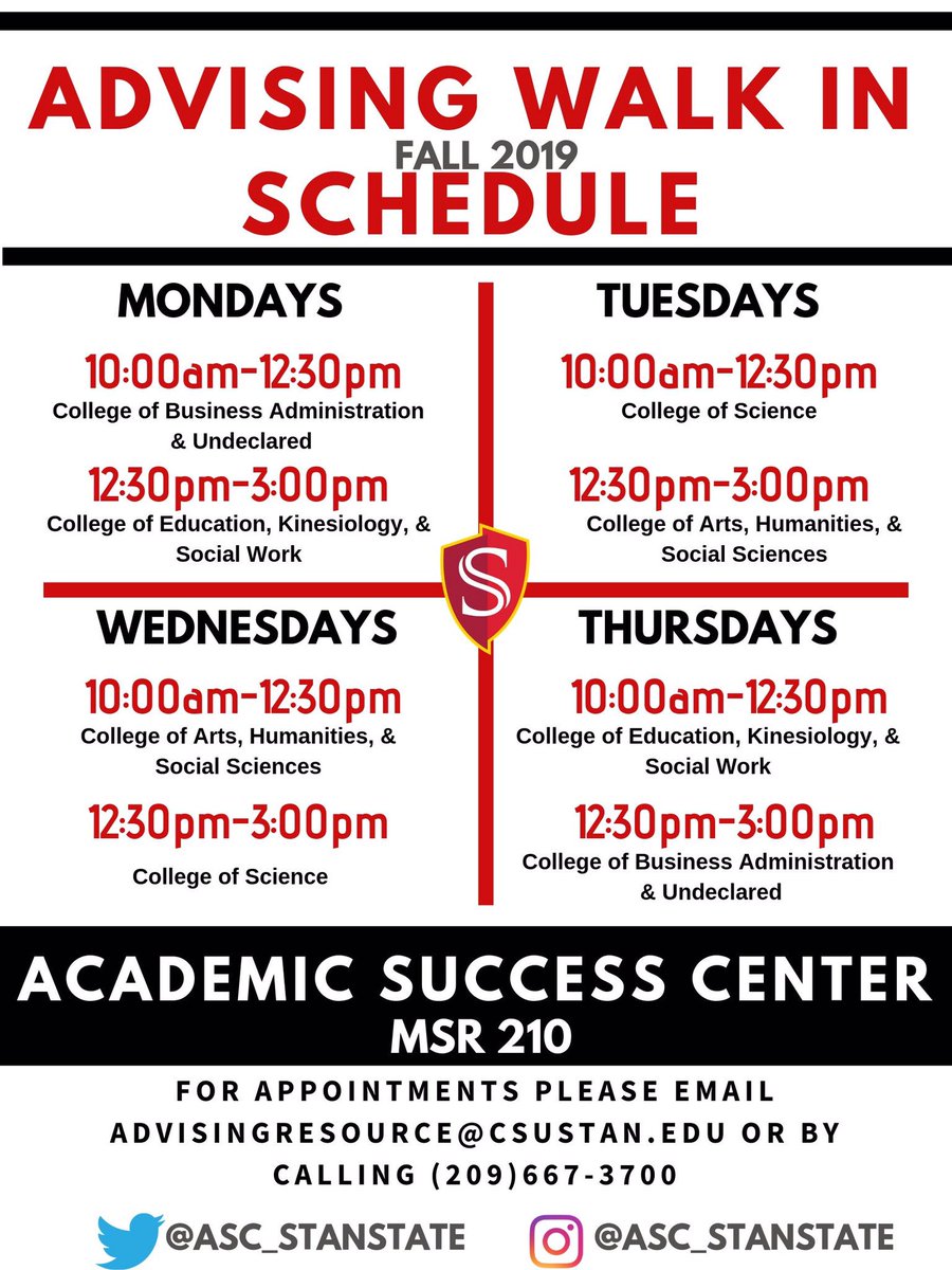 Warriors! Check out our updated walk in schedule for Fall 2019. Please come by and see us if you need any support. We are here for your success 🖤❤️ #StanState <a href="/stanstate/">TTUN Troll</a>