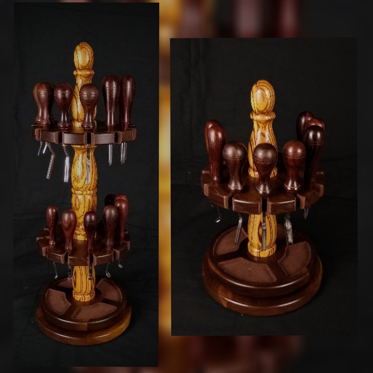 SwallowsLeather's tweet image. Example of the 24 &amp;amp; 12 count rotating toolracks for edgers, creasers, push beveler, molders and similar tools!  Shown with Barry King and Ron's Tool co. Tools.
Made in sizes of 6, 12, 18 and 24 toolcounts