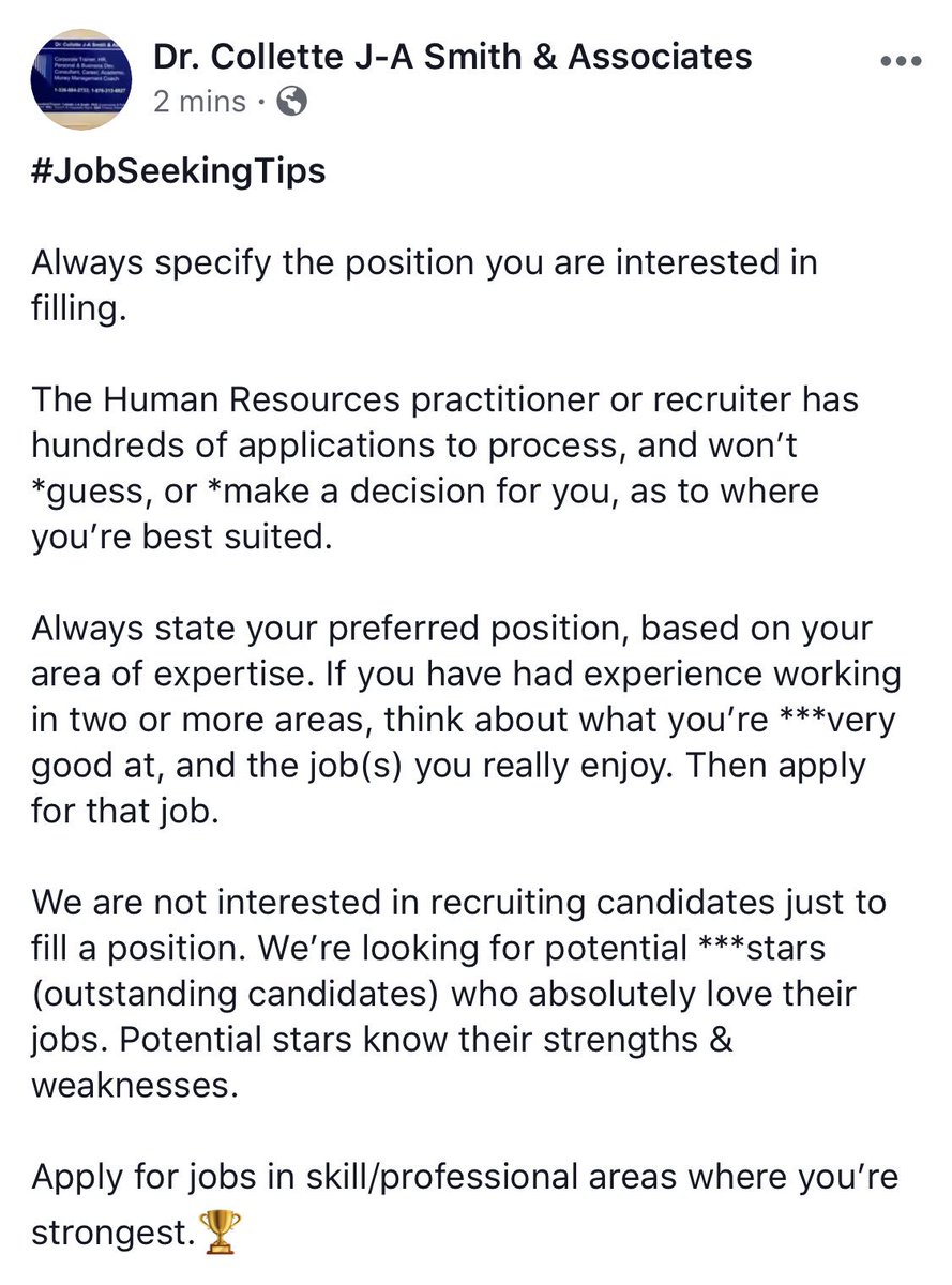 DrCJASmith's tweet image. If we can prevent 10 candidates per week from making mistakes that prevent them from getting called for interviews, we can have 10 less unemployed persons.

#JobSeekingTips