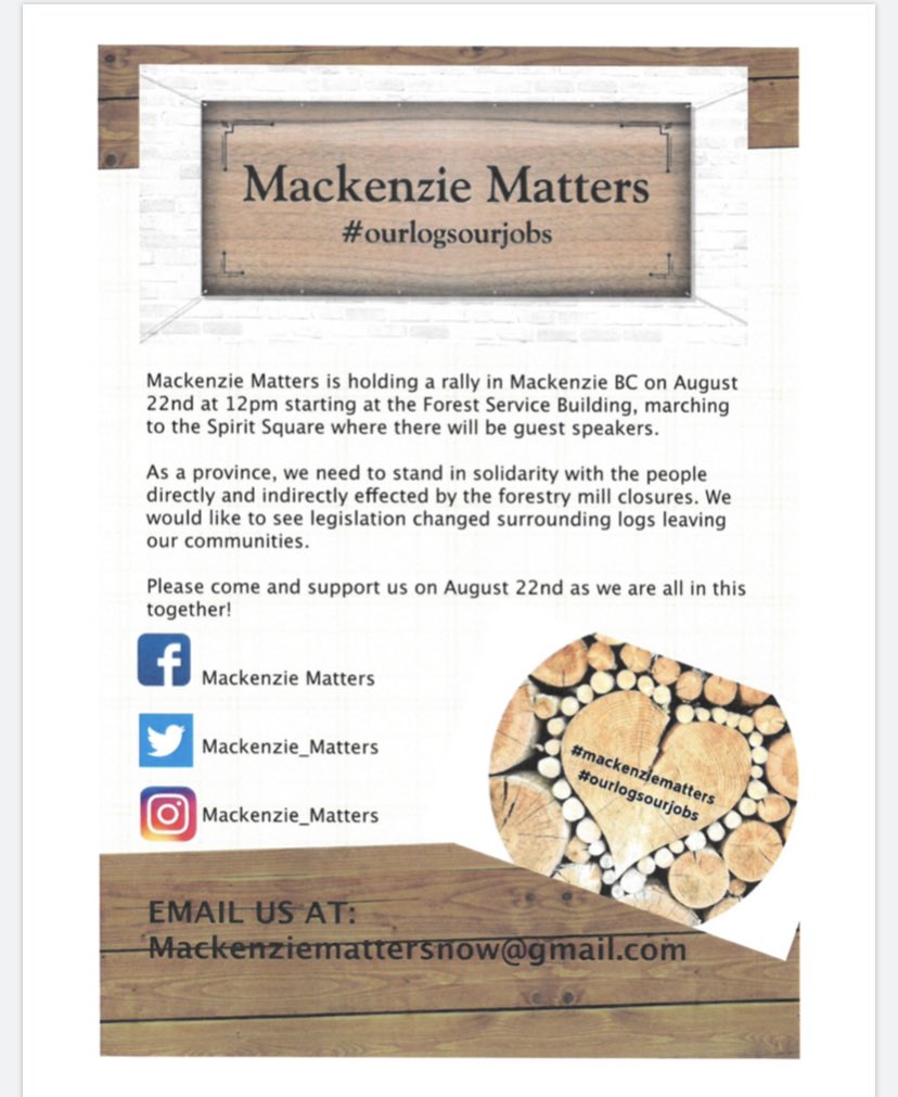 MackenzieMatte1's tweet photo. The rally is happening August 22nd! Please come and support us and the industry!#communityspirit #CBC #ourlogsourjobs #mackenziematters #ctv #rally #ckpg https://t.co/BoGsZeuWPr
