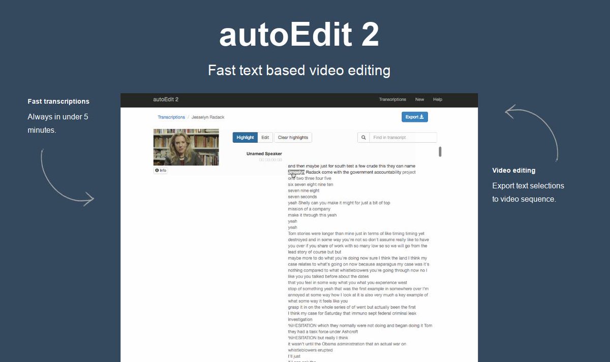 cgdougm's tweet image. Behold, a great idea about how to do fast, #textbased #videoediting ...and extra points for using #ElectronApp and open source transcription.