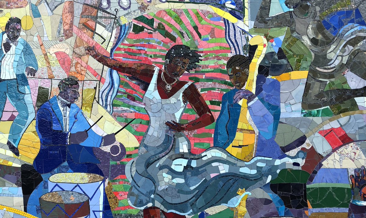 HarlemHandbook's tweet photo. In 2006 the artist, #LouisDelsarte completed this colorful glass mosaic, ”Spirit of Harlem.” This piece was inspired by the #HarlemRenaissance and thus focused on African-American musicians, singers, and dancers.
#Harlem #Art #SpiritofHarlem #HarlemWeek #AfricanAmerican https://t.co/fnWmGktL5w