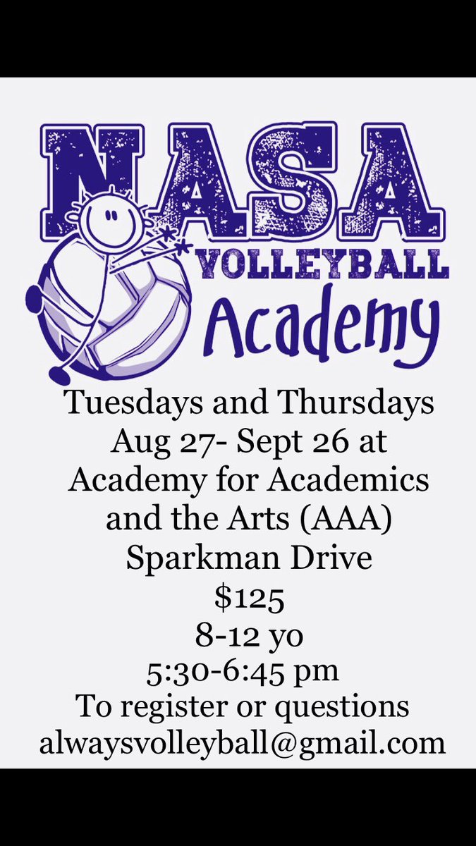 NASAVB's tweet photo. Sign up today &amp; invite a friend!  Alwaysvolleyball@gmail.com to register #NASAacademy #agreatstart #theNASAdifference https://t.co/G09rh8m8as