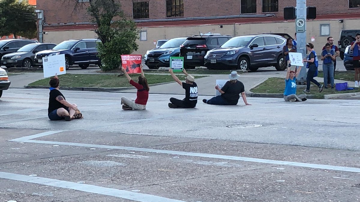 #JewsAgainstICE and allies in Houston are blocking the road outside of the Southwest Key facility. We will continue disrupting business as usual until you #CloseTheCamps, #AbolishICE, and stop terrorizing our immigrant neighbors. PS: This street is called Emancipation Avenue. 🤔